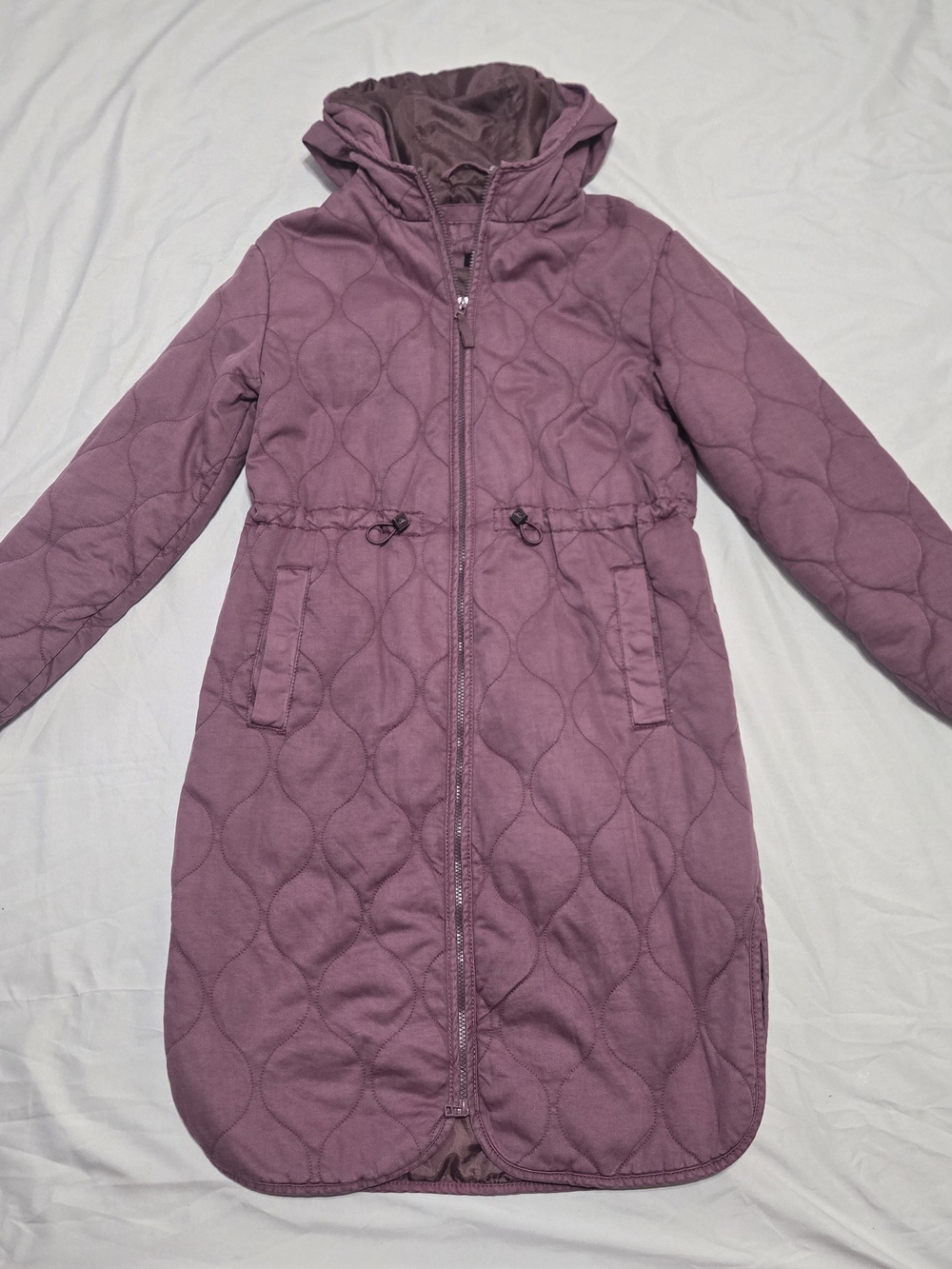 Women's Quilted Hooded Long Coat - Mauve